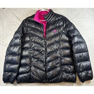 ZEROXPOSUR Womens Packable Shiny Black Puffer Jacket Full Zip Pink Lining Sz XL